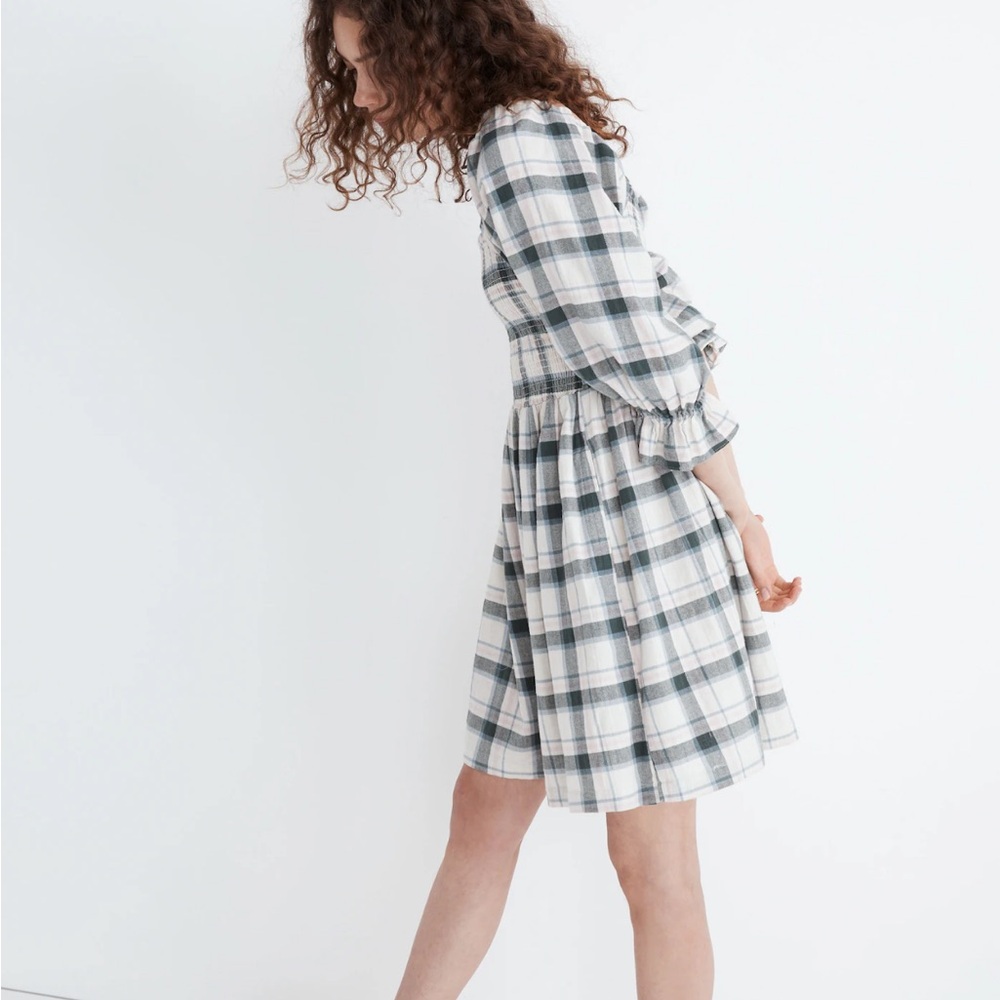 Madewell Women’s Lucie Elbow-Sleeve Smocked Mini Dress in Lebaum Plaid Small S - Picture 2 of 11